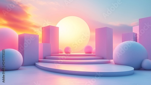 A futuristic scene with a multi-layered circular platform in the center surrounded by geometric objects