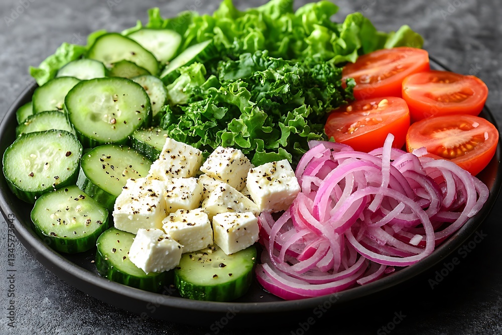 Fresh vegetable salad with feta cheese and colorful veggies on a plate Fresh vegetable salad with feta cheese and colorful veggies on a plate