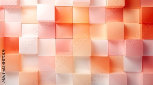 A group of transparent and translucent cubes arranged in a stepped shape against a warm orange background. The color of the cube gradually changes from white to orange, which has a geometric aesthetic