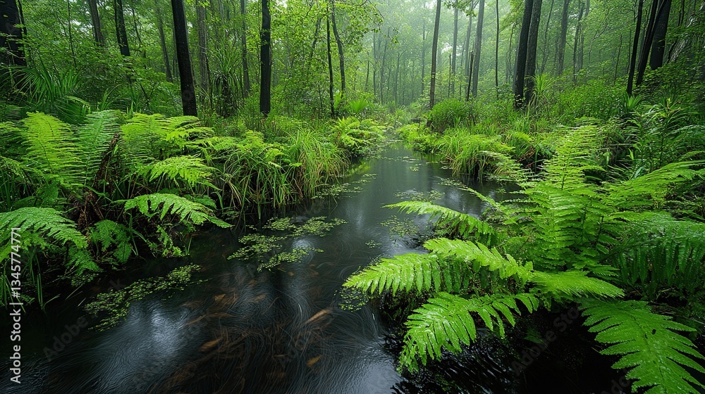 Fototapeta premium A lush swamp scene with vibrant greenery and peaceful streams. 