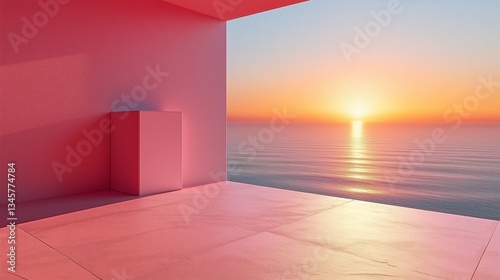 A modern interior space with red walls and floors and sunlight streaming in through large Windows. Outside the window is a peaceful sea, the sun is setting and the sky is a warm gradient of orange