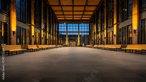 Fototapeta Naklejka Na Ścianę i Meble -  Spacious Interior Hallway with Wooden Benches and Geometric Ceiling Lights in Evening Setting
