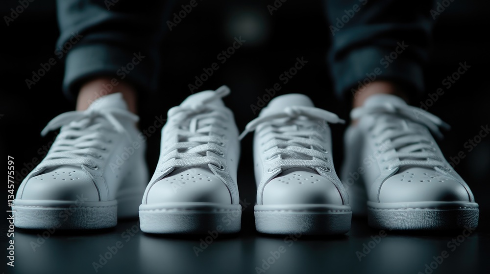 Pair of white sneakers, close-up view. Detailed shot of clean, simple design Pair of white sneakers, close-up view. Detailed shot of clean, simple design