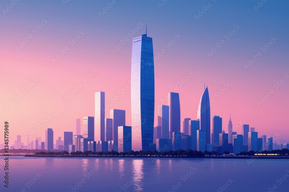 Fototapeta premium A Majestic Skyline at Dusk: Modern Skyscrapers Casting Reflections on Water in an Urban Landscape with a Colorful Twilight Sky