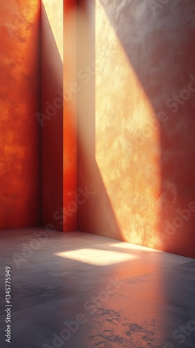 A modern interior where sunlight pours in through large Windows and soft shadows are cast on the walls

