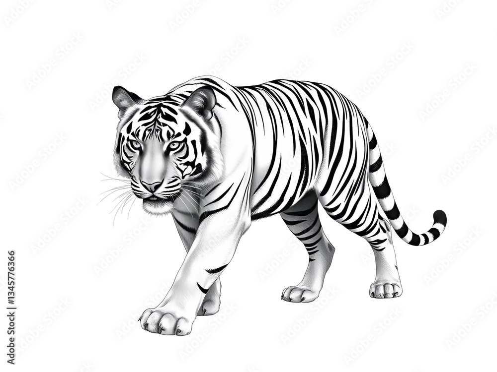 Obraz premium Majestic white tiger stalking forward, a powerful symbol of wild beauty and grace, rendered in striking black and white detail.