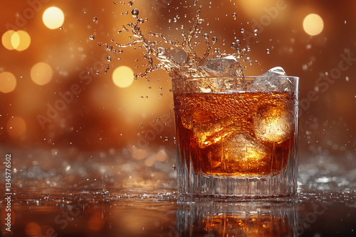 Classic Cocktail Glass with Dramatic Frozen Splash of Amber Liquid in Mid-Air, Surrounded by Glimmering Light and Subtle Reflections in an Elegant Setting