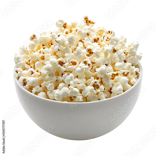 A bowl filled with fluffy, golden popcorn kernels, isolated on a transparent background. Perfect for snack-related designs, movie night promotions, advertisements, food packaging, and party themes.