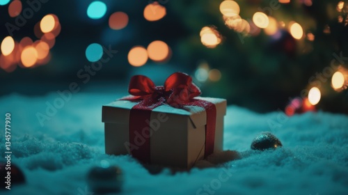 Christmas gift box with red ribbon on snow with blurred lights background creating festive holiday atmosphere