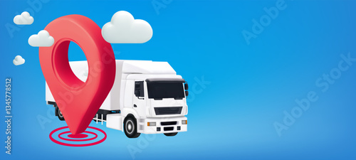 Delivery van red location pointer on white background Concept of parcel and navigation