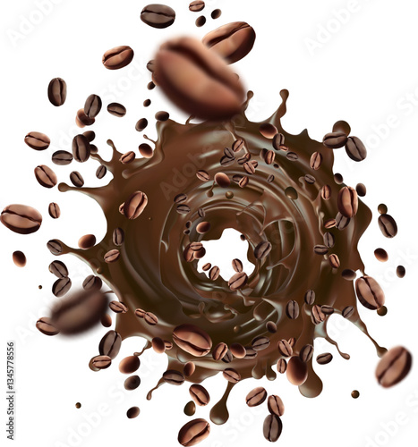 Roasted coffee beans air rotating with milk splash on white background