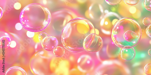 A luminous, colorful abstract background inspired by floating soap bubbles. The iridescent reflections of bright pink, emerald green, and golden yellow shift and shimmer, forming a mesmerizing and