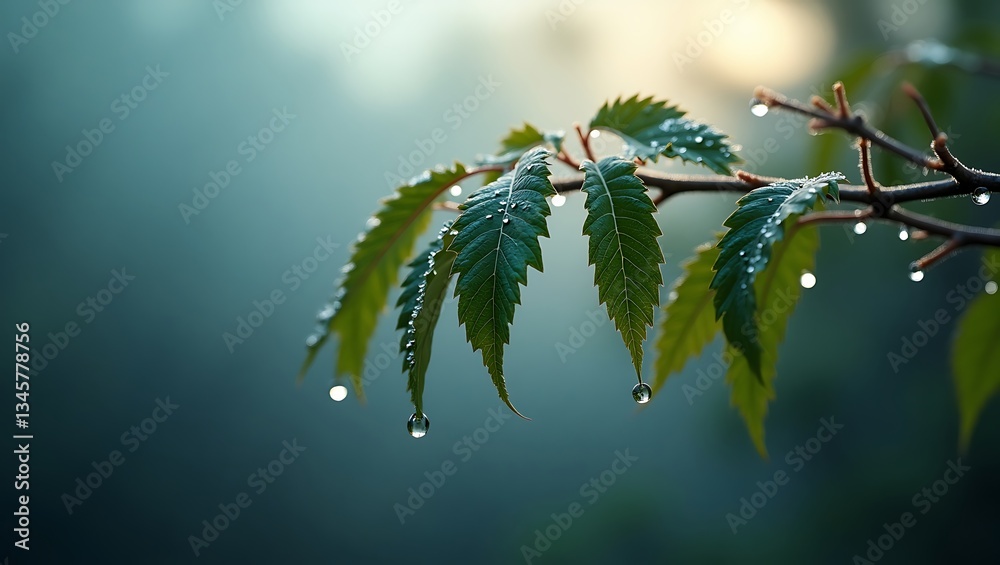 A branch with green leaves is adorned with glistening dew drops against a soft, blurred background A branch with green leaves is adorned with glistening dew drops against a soft, blurred background