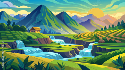 vector of peaceful mountain landscape where emerald rice fields blend harmoniously with cascading waterfalls