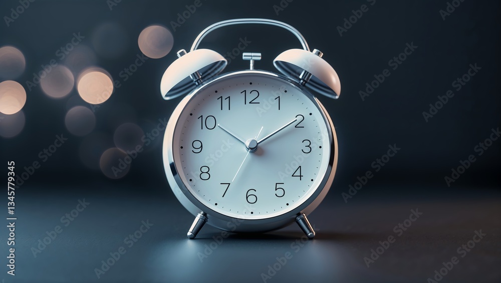 Classic alarm clock on a dark surface with soft bokeh lights in the background during evening hours Classic alarm clock on a dark surface with soft bokeh lights in the background during evening hours