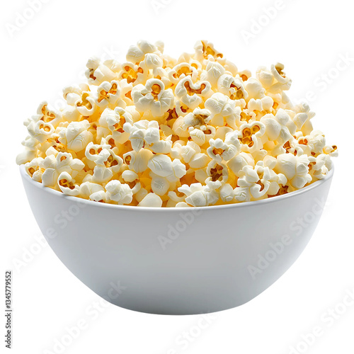 A bowl filled with fluffy, golden popcorn kernels, isolated on a transparent background. Perfect for snack-related designs, movie night promotions, advertisements, food packaging, and party themes.