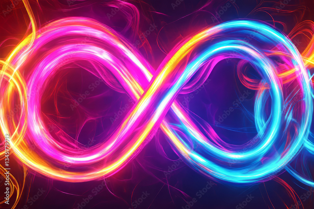 A bold, colorful abstract background featuring neon-outlined infinity loops. The glowing, intertwined shapes in radiant pink, electric blue, and warm amber create a visually mesmerizing, infinite, and A bold, colorful abstract background featuring neon-outlined infinity loops. The glowing, intertwined shapes in radiant pink, electric blue, and warm amber create a visually mesmerizing, infinite, and