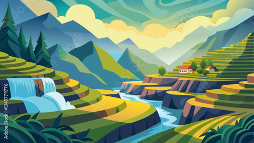 Terraced rice paddies carved into the mountainside, surrounded by misty hills and cascading waterfalls