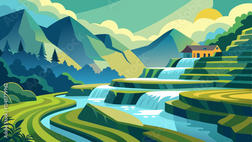 Terraced rice paddies carved into the mountainside, surrounded by misty hills and cascading waterfalls