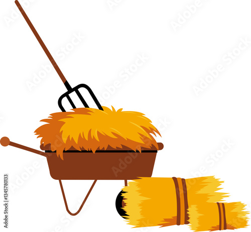 Wheelbarrow with Stacked Hay Bales Illustration