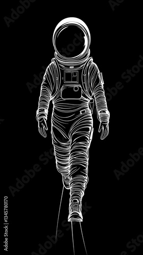 The outline of a white line of an astronaut with a solid black background, the astronaut is walking forward. The details of the helmet and space suit are outlined by simple lines, which are very strik