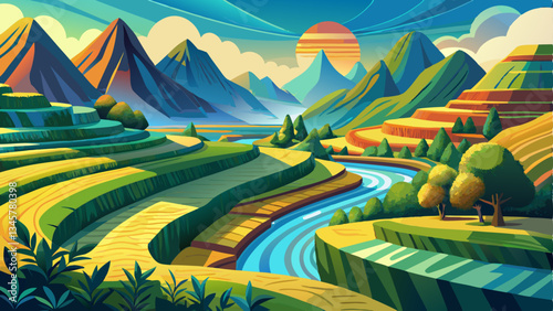 stunning panorama of rice plantations on steep mountain slopes, with crystal-clear water flowing through narrow channels