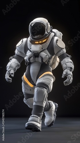 An astronaut, dressed in a white spacesuit with a gold visor on his helmet, is running forward