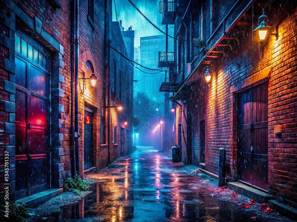 Fototapeta premium Urban Exploration Rain Night Photography: Dark City Alleyway, Black Background