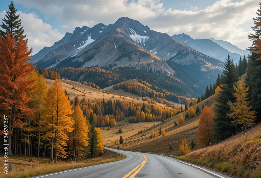 A time-lapse photo of a scenic autumn landscape with colorful trees and mountains in the background.