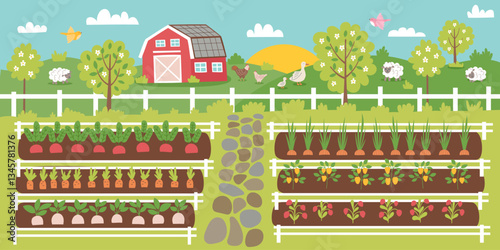 Farming concept banner. Gardening background. Seedbeds with plants and farmhouse with livestock. Vector flat illustration.