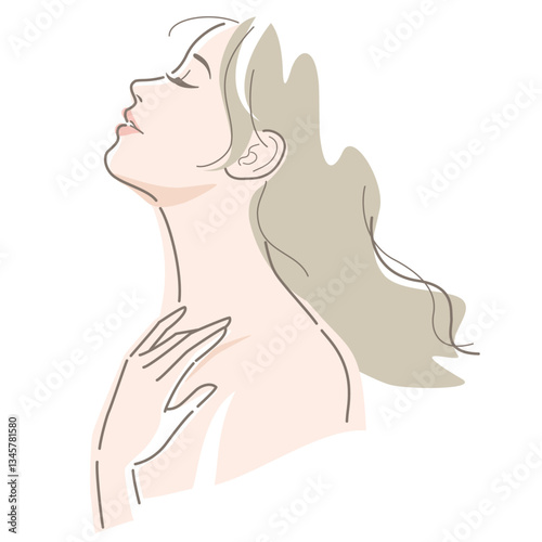Side view of a naked and eyes closed woman with touch her neck. Vector illustration in line drawing, isolated on white background.