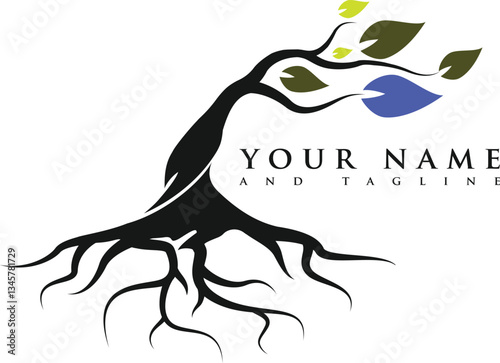 green spring tree with female face and roots on white background, vector, Abstract Human tree logo. Unique Tree Vector illustration with circle and abstract woman shape.	