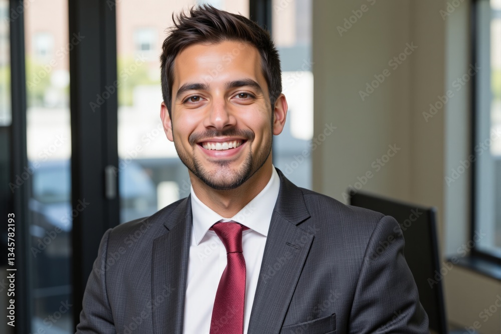Young Hispanic Male Professional Smiling in Business Attire Inside Modern Office Environment Young Hispanic Male Professional Smiling in Business Attire Inside Modern Office Environment