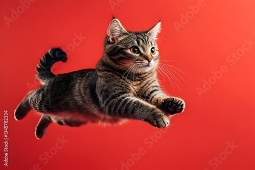 Playful Cat Leaping Against Vivid Red Background Captured Action Shot | AI Generated