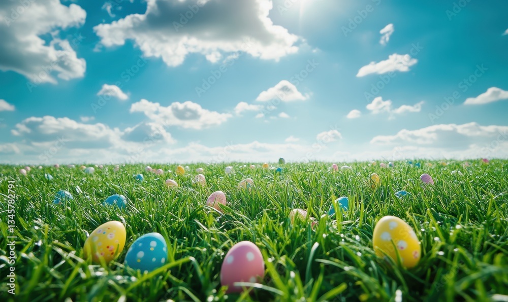 Fototapeta premium Colorful Easter Eggs Hidden in Lush Green Grass Under Bright Sunny Sky with Fluffy Clouds and Warm Natural Light