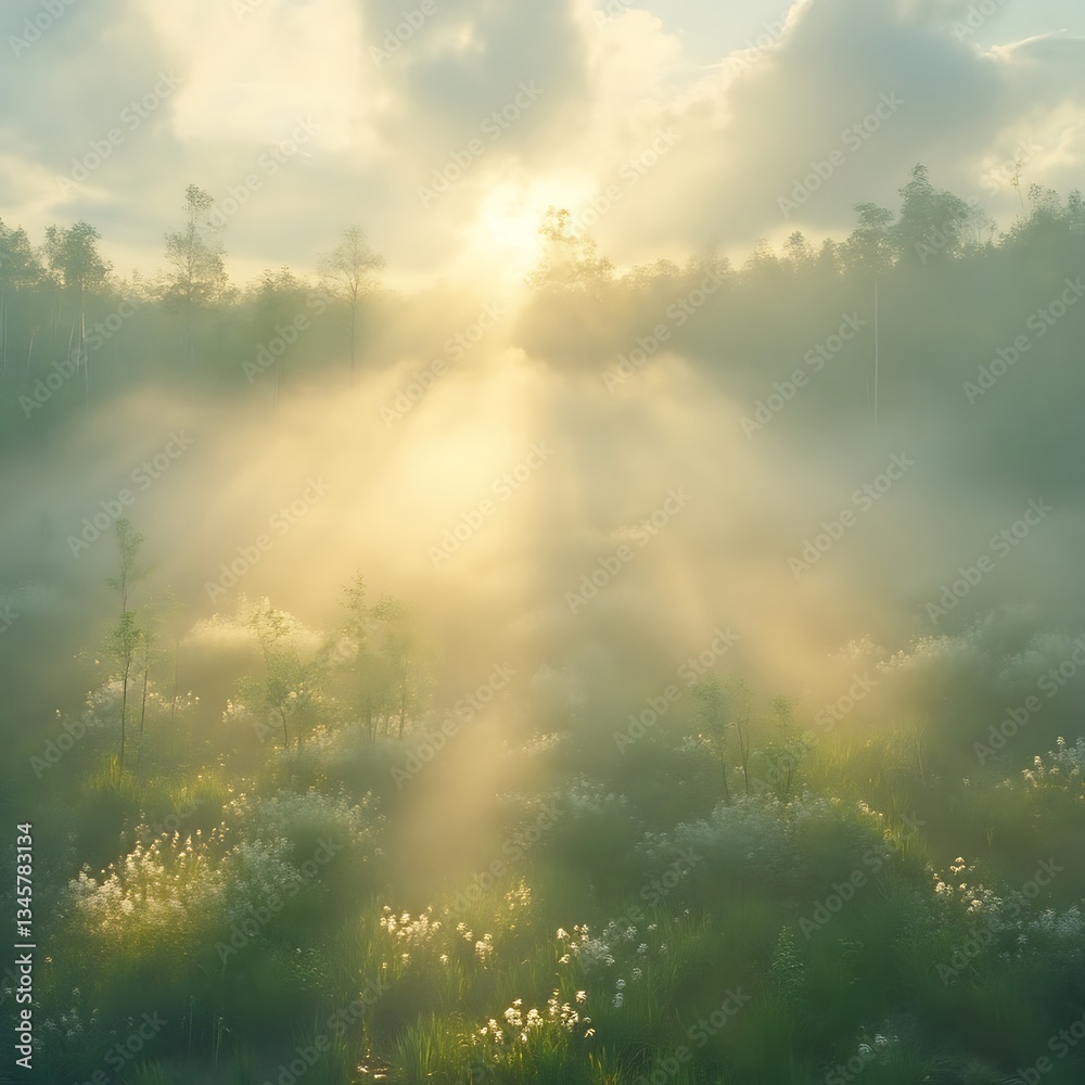 Naklejka premium Misty Sunrise Swamp for Golden Rays.