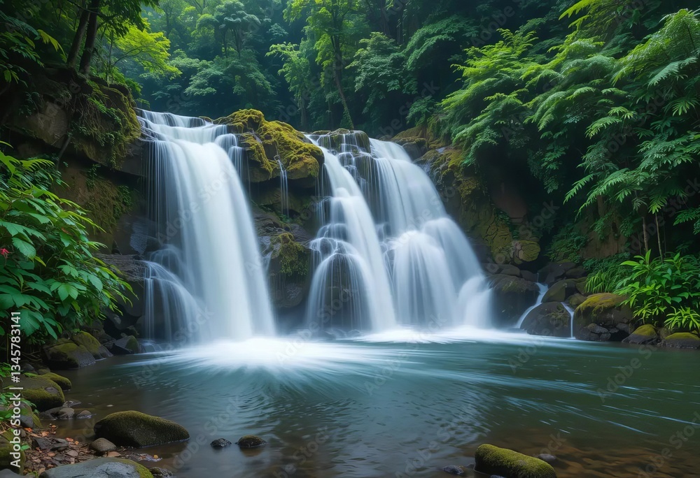 An aerial view of a waterfall surrounded by green mountains and forests An aerial view of a waterfall surrounded by green mountains and forests