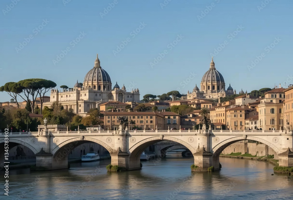 Obraz premium A view of the Aelian Bridge with the Castle Sant'Angelo and St Peter's Cathedral in the background in Rome, Italy