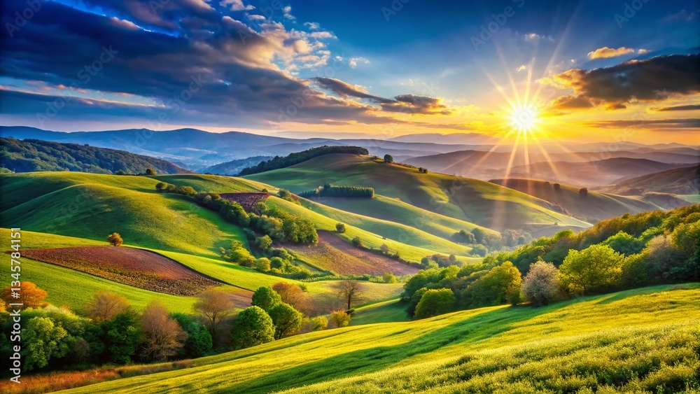 Fototapeta premium Vibrant Colorful Landscape, Rolling Hills, Sunny Day, Scenic Vista, Nature Photography