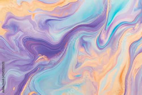 A surreal, colorful abstract background featuring liquid marbling effects. The swirling, flowing patterns in pastel lilac, glowing turquoise, and warm honey gold create a fluid, dreamlike, and