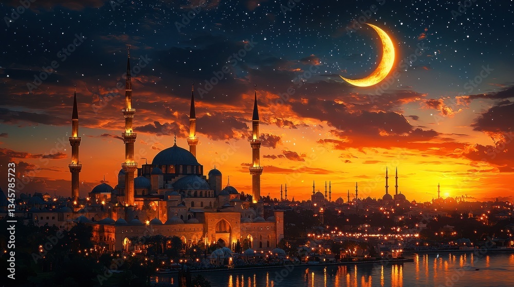 Obraz premium Sunset Mosque Silhouette, Crescent Moon, Night Sky, Cityscape