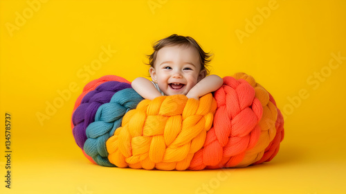 Baby Wrapped In Multicolored Knitted Blanket