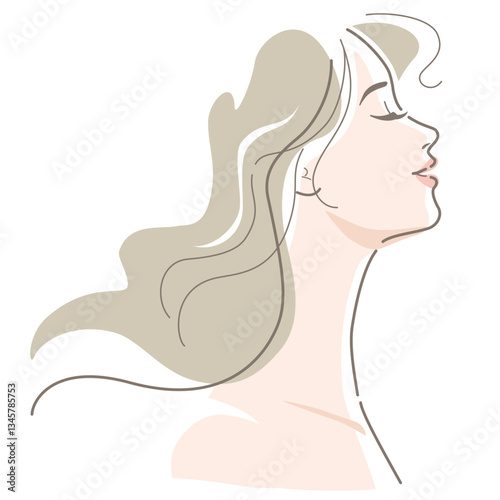 Side view of a naked woman with long hair blew in the wind. Vector illustration in line drawing, isolated on white background.