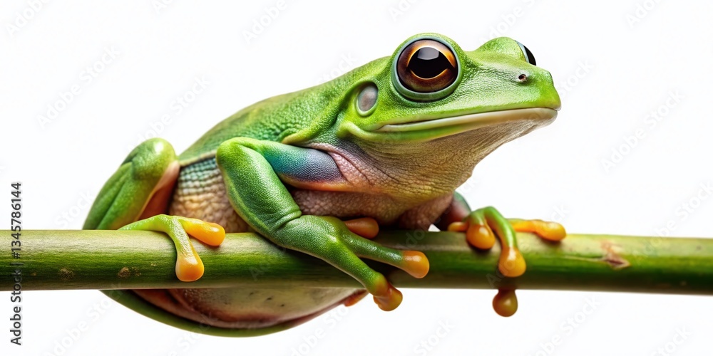 Obraz premium Vibrant Green Tree Frog on Branch, Nature Clipart Illustration