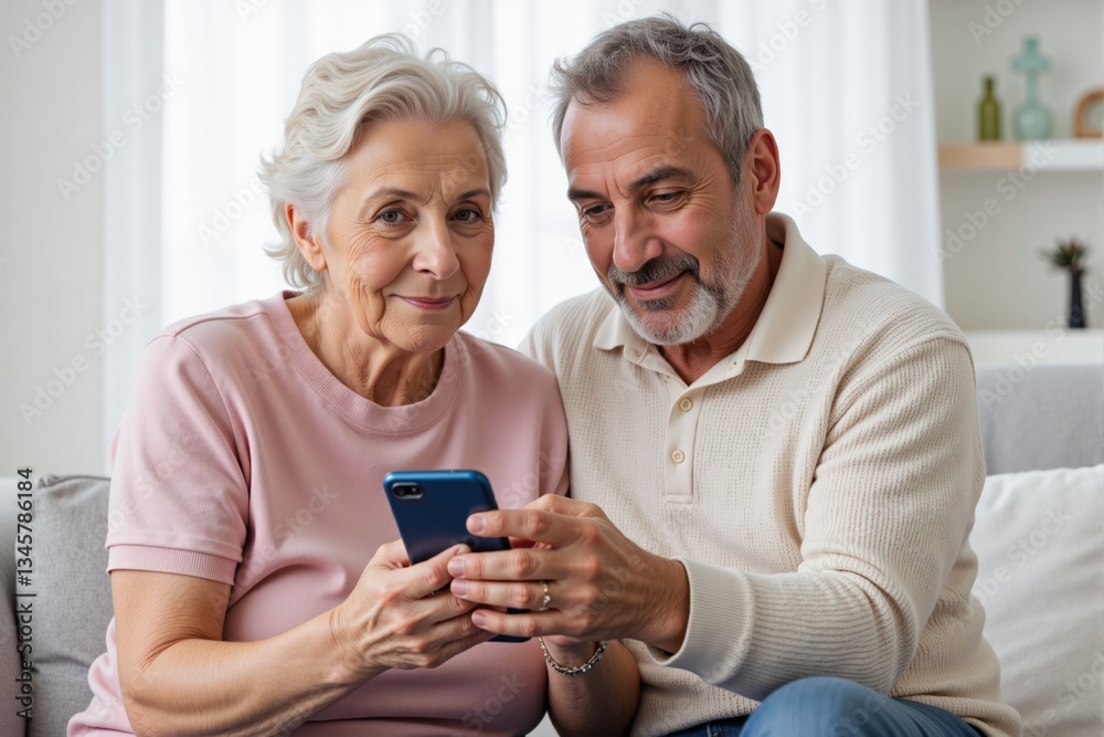 Elderly Couple Engaged with Technology - Senior Man and Woman Enjoying Time Together Using a Smartphone in a Cozy Living Room Setting Elderly Couple Engaged with Technology - Senior Man and Woman Enjoying Time Together Using a Smartphone in a Cozy Living Room Setting