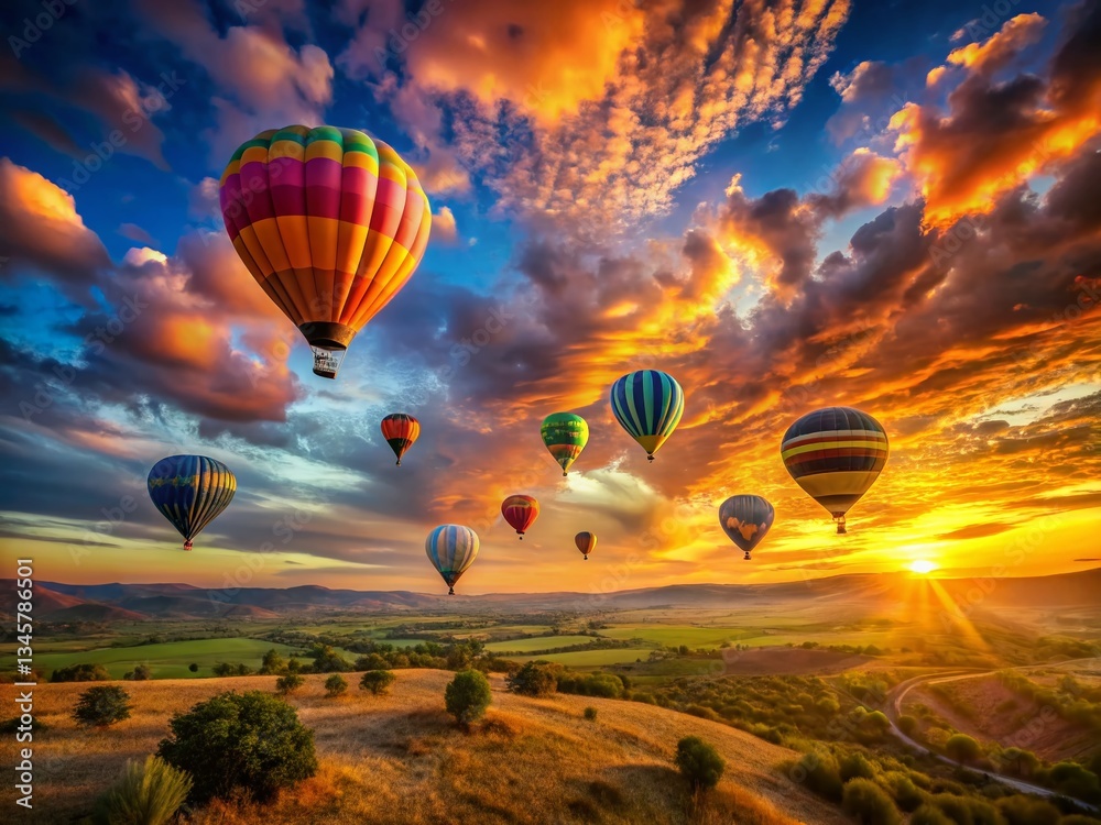 Naklejka premium Vibrant Hot Air Balloons at Sunset, Scenic Landscape Long Exposure Photography