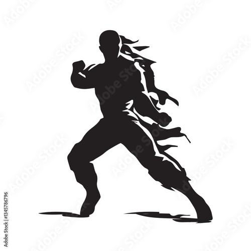 Silhouette of a karate man attacking with fire. Vector illustration