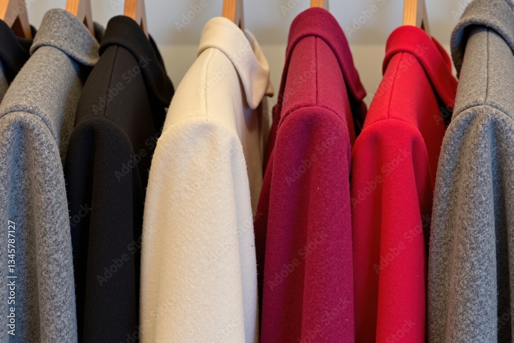 Fototapeta premium A Curated Display of Stylish Women's Coats in Various Colors Arranged Neatly on Hangers in a Modern Boutique Setting