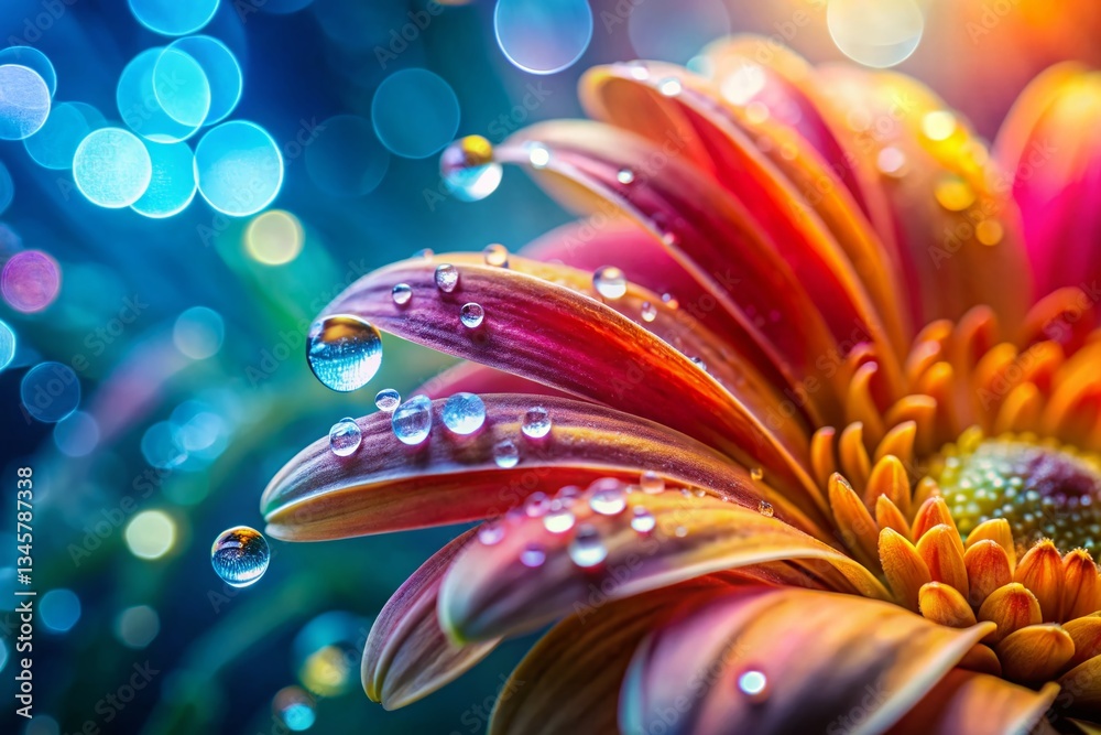 Fototapeta premium Vibrant Macro Flower Petals, Dew Drops, Nature Background Image
