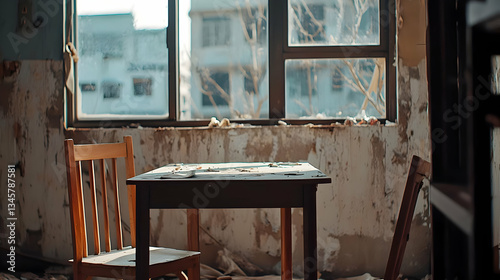 Abandoned Interior Room With Wooden Table and Chair Beside Window With View of City Buildings